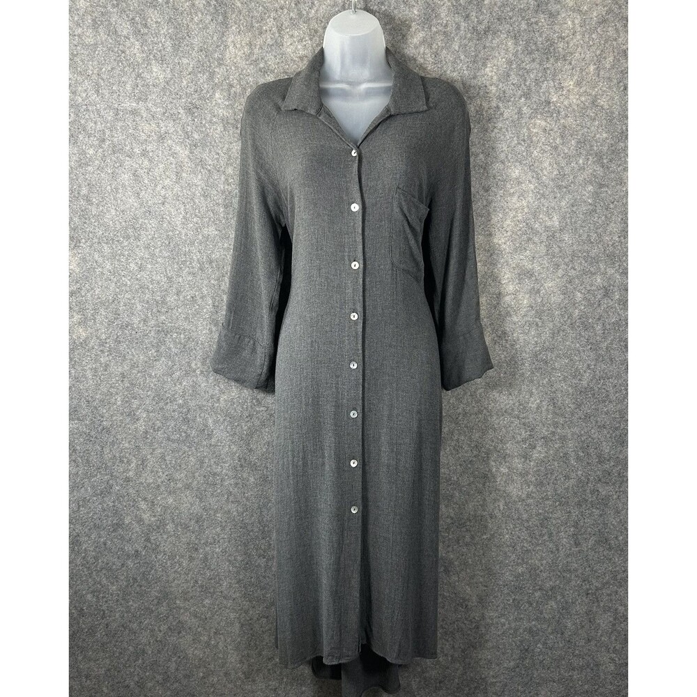 Zara Women's Gray Soft Button Down Collared Shirt Dress Midi 3/4 Sleeve Small